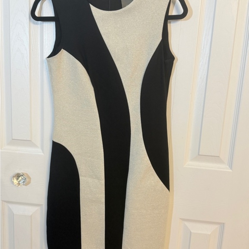 Taylor Black and Cream Patterned Midi Sz 2 Dress. Shimmery EUC. FITTED BB